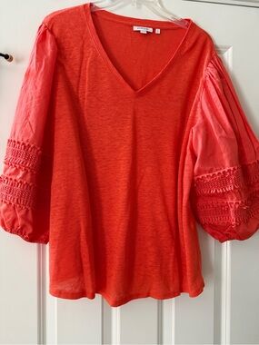 Chico's Coral/Orange V-Neck Balloon-Sleeve Top Size 3